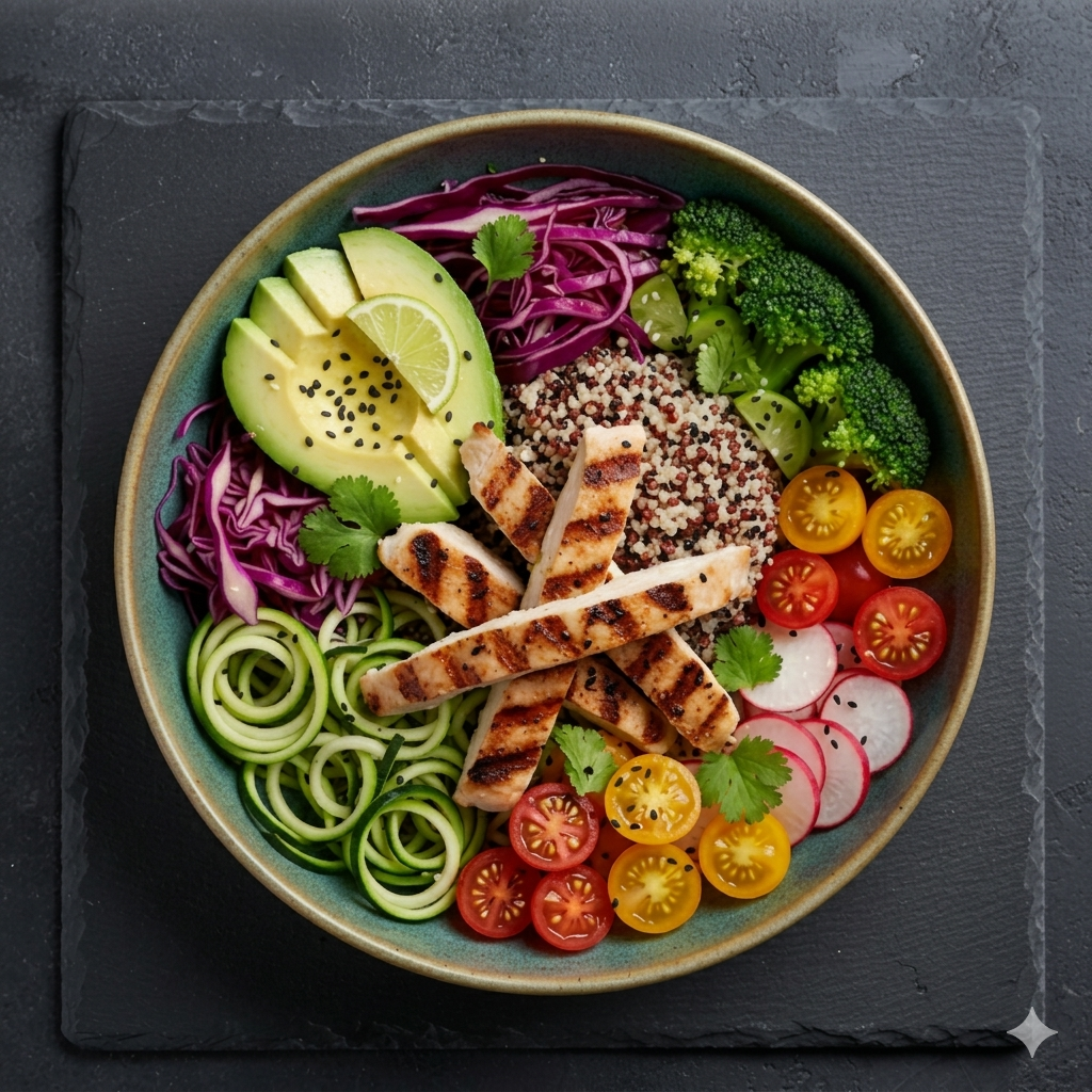 Healthy meal bowl with grilled chicken and vegetables