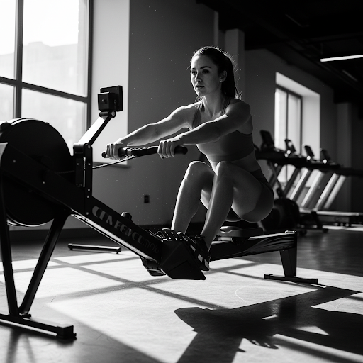 Woman training on rowing machine